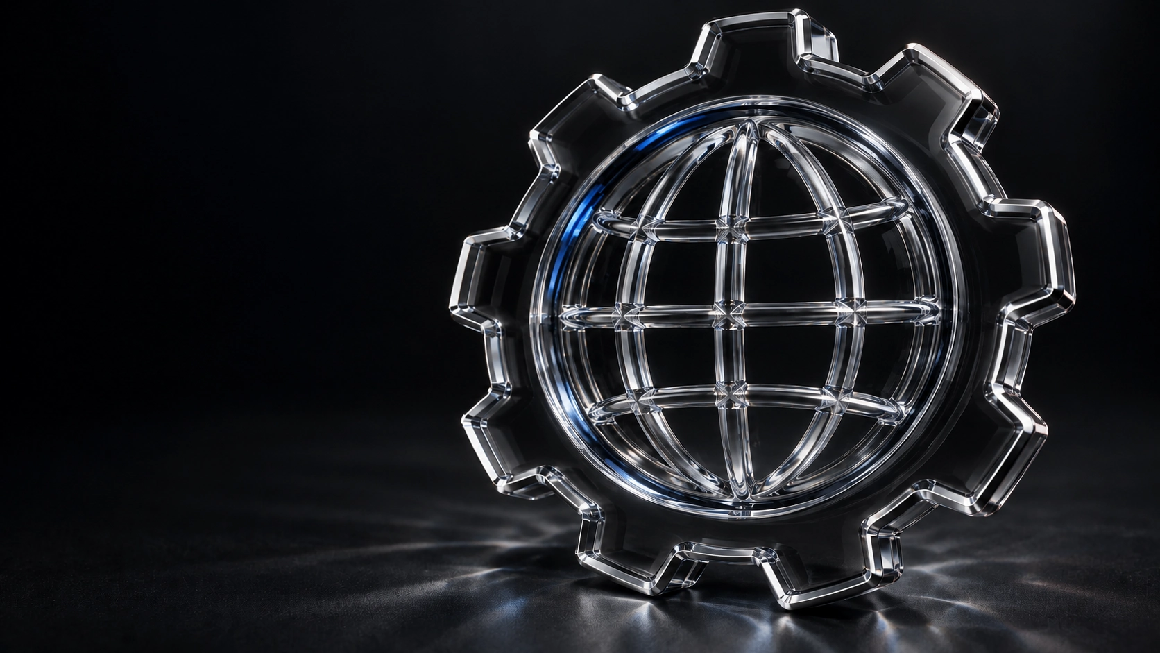 Le globe et l’engrenage GlobalTech-Ai sculptés dans du verre optique, de l’argent et du cobalt