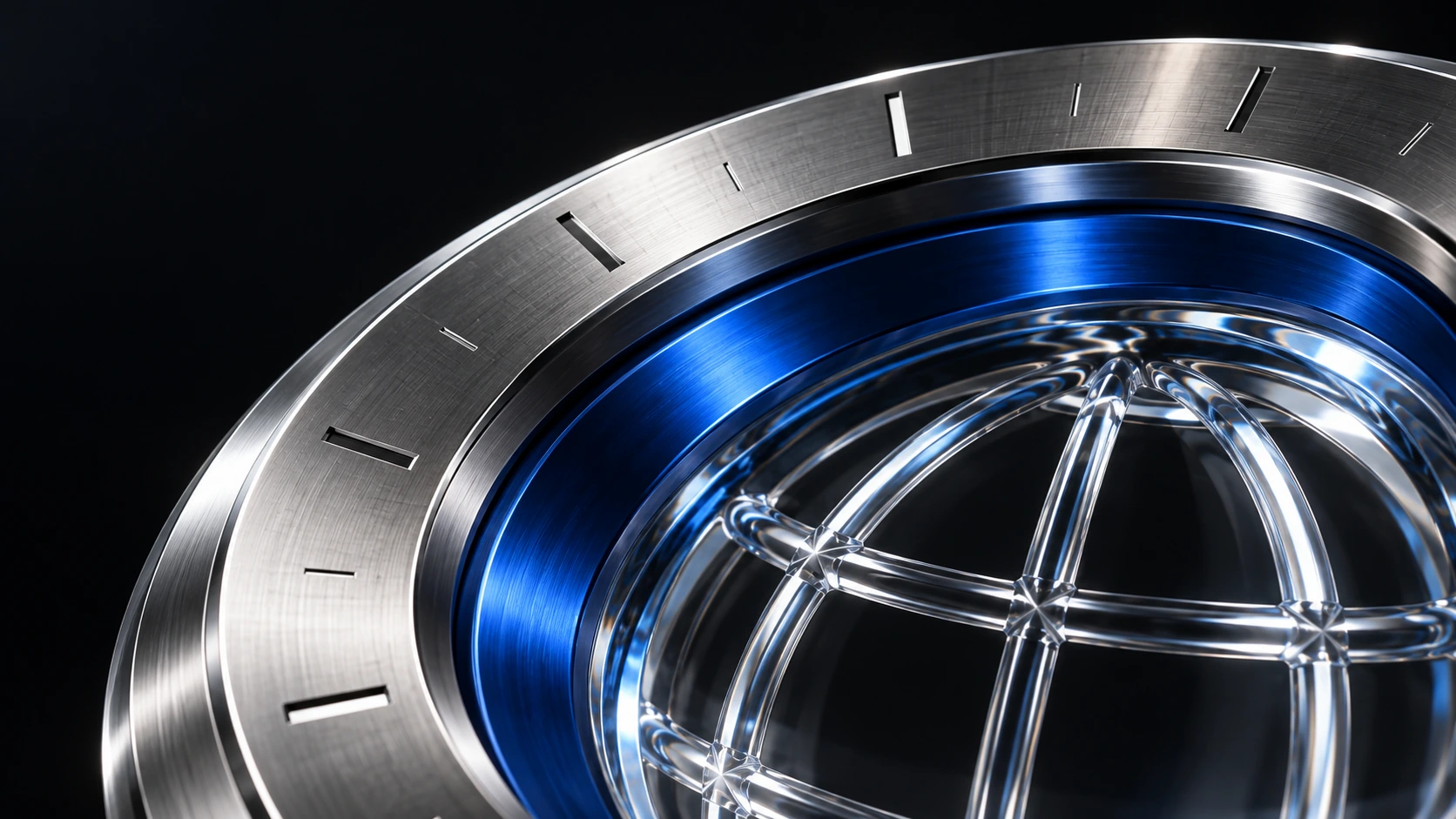 Détail du globe en verre GlobalTech-Ai à l’intérieur d’un anneau en argent et cobalt finement usiné
